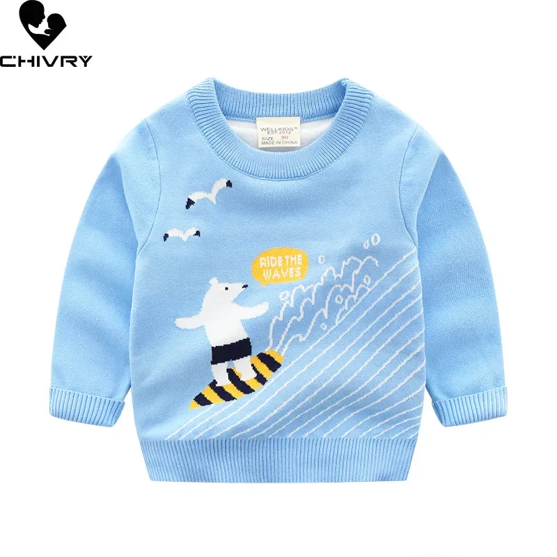 New 2023 Kids Children Pullover Sweater Autumn Winter Boys Cute Cartoon Jacquard O-neck Knitted Jumper Sweaters Tops Clothing