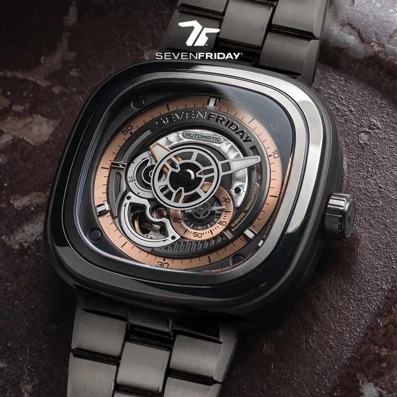 SEVENFRIDAY P series fully automatic hollow mechanical watch men light luxury square watch P2C/01M steel belt model sevenfridays