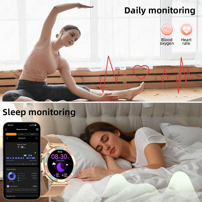 LIGE Fashion Smartwatch النساء 1.27 "HD شاشة سوار السيدات معدل ضربات القلب الرياضة مقاوم للماء بلوتوث دعوة الموسيقى امرأة ساعة ذكية