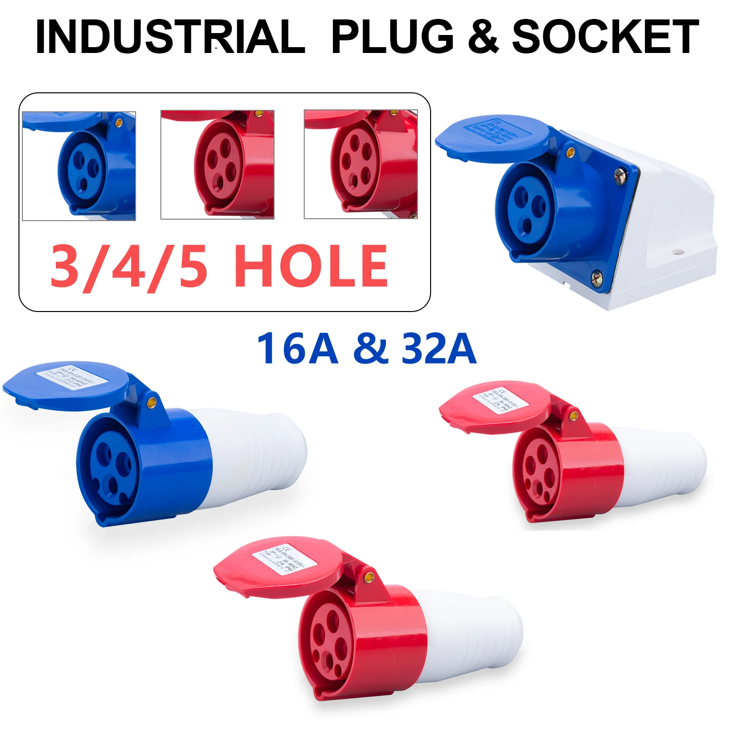 IP44 Industrial Plug and Socket Waterproof Connector 3PIN 4PIN 5PIN 16A/32A Waterproof Electrical Connection Wall Mount Socket
