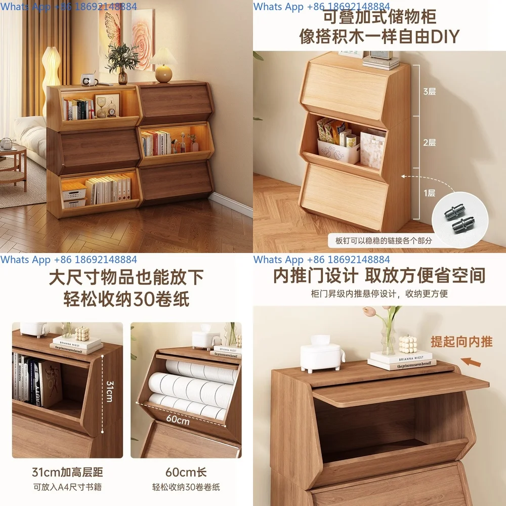 Solid Wood Storage Cabinet for Bedroom Living Room Snack Organizer Bookshelf Stackable Narrow Unit