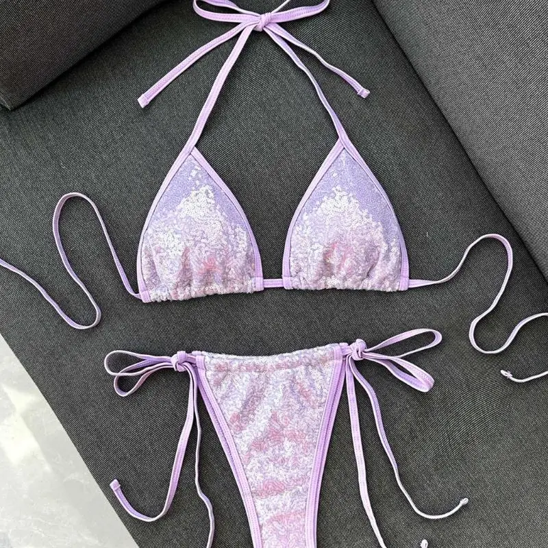 X5XA Women's Two Piece Glittering Triangular Bathing Suit Sequins Halterneck Swimsuit with Adjustable Strap For Beach Vacation