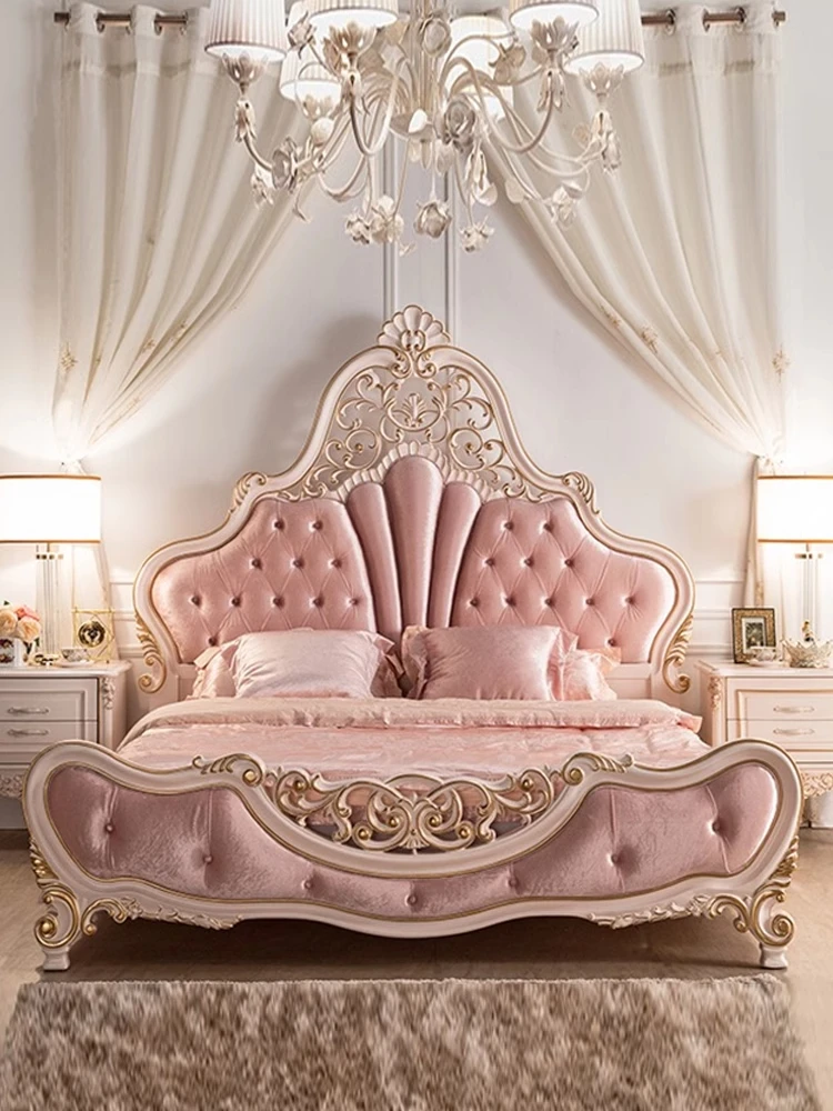 European French Princess bed European Modern Pink bed Marriage bed carved New style Light luxury double bed Children's solid Woo