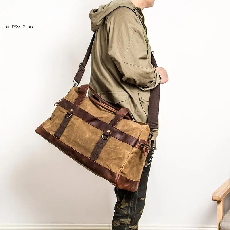 Travel Large Capacity Waterproof Oil Wax Cowhide Canvas Crossbody Carrying Luggage Bag for Men