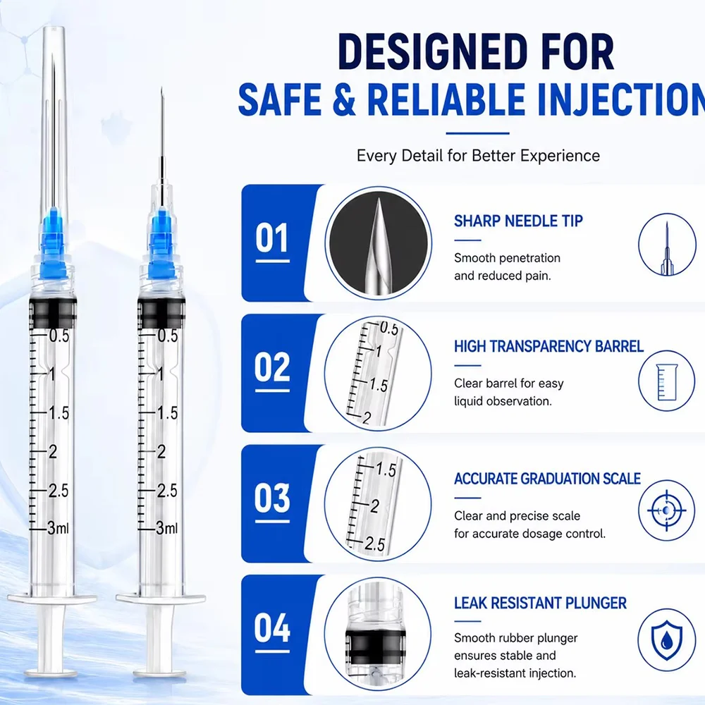 3-ml-Spritze mit Nadel und Nadelkappe/ohne Nadel, 100 Stück 3-ml-Einweg-Luer-Lock-Spritzen mit Nadel, geeignet für Veterinär-, Industrie- und Laboranwendungen, verschiedene Spezifikationen erhältlich – Detail 11