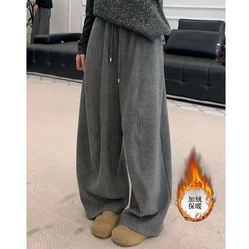 Women's Autumn Winter Plus Velvet Thicken Casual Pants Vintage Baggy Wide Leg Trousers Comfortable Loose Sweatpants