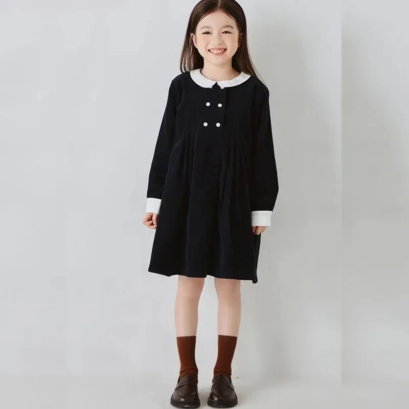 Abito in velluto a coste per ragazze adolescenti Elegante principessa Party Primavera Autunno Bambina Abiti a maniche lunghe Abbigliamento blu navy per bambini