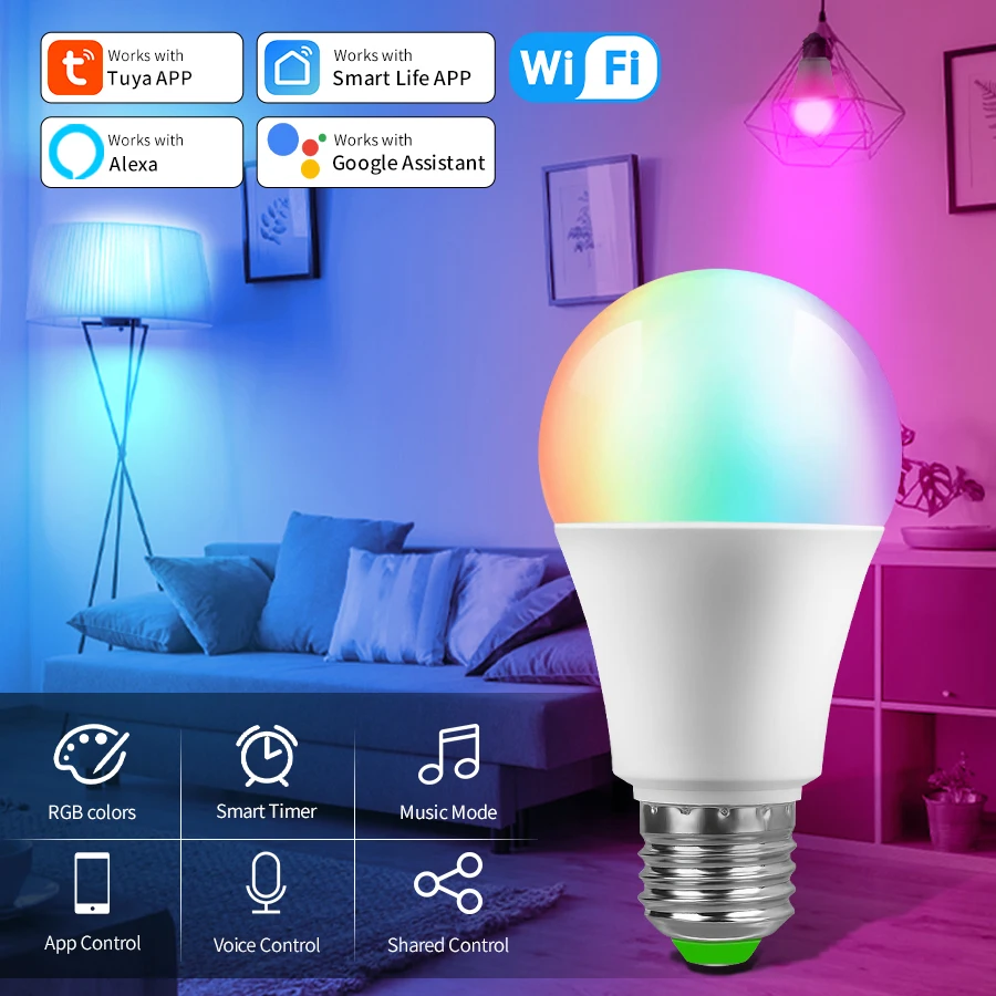 

Умная Wi-Fi LED-лампа Tuya 220В/110В 10Вт/15Вт/20Вт E27, интеллектуальная лампа с управлением через приложение, совместима с Alexa, Google Home, Алиса