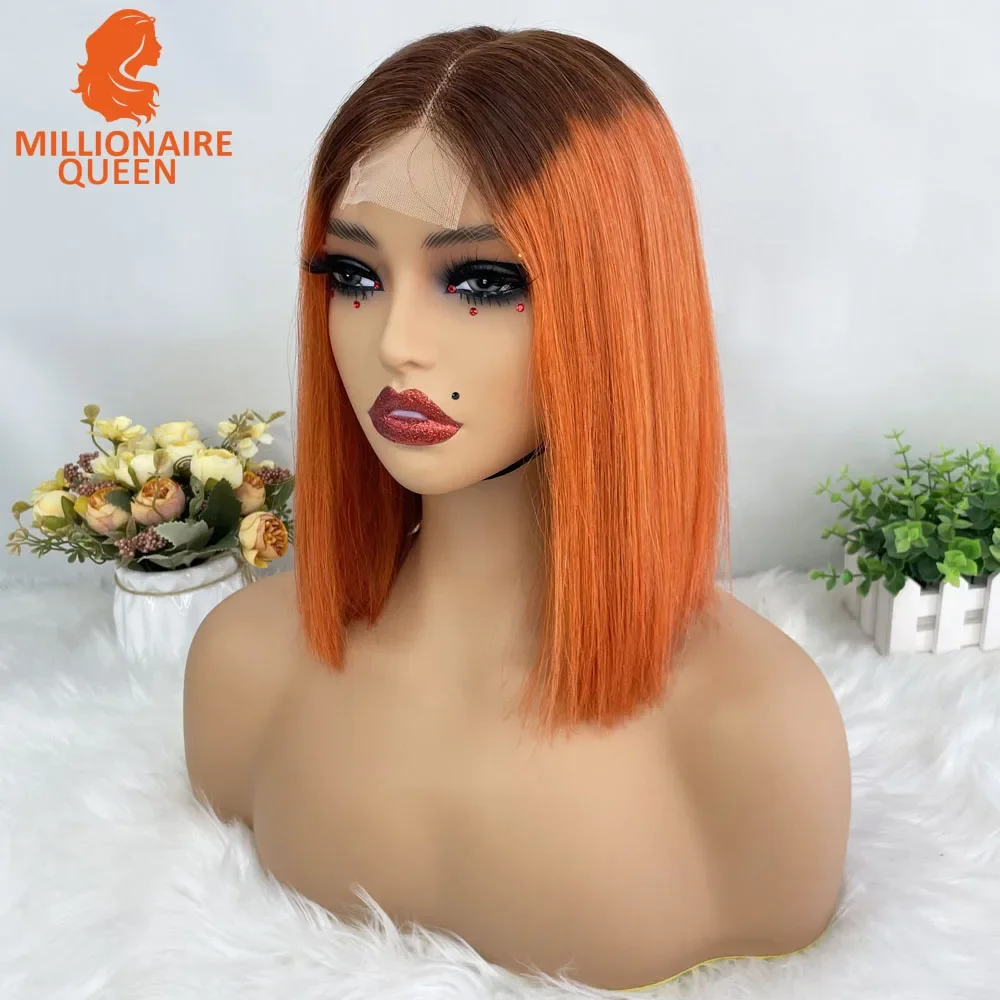 Vietname Super Double Drawn สั้น Bob วิกผมตรง 2x6 ปิดลูกไม้วิกผมสําหรับผู้หญิง 100% ผมมนุษย์สีส้ม Candy Lace Bob วิกผม