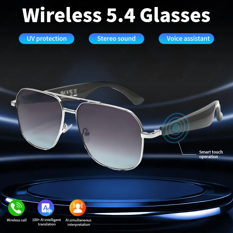 

2025 New AI Translation Smart Glasses Men Bluetooth Call Headphone UV Protective Lenses Connected Bezel Outdoor Sport Sunglasses