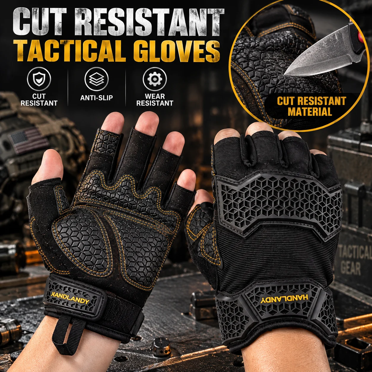 Half Finger Cut Resistant Tactical Work Gloves for Men, Anti Slip Wear Resistant Safety Gloves for Cycling Hiking Mechanical Out