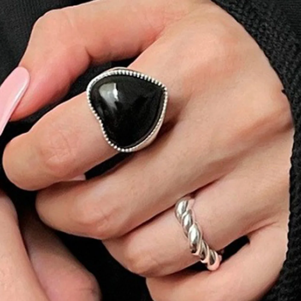 

925 Sterling Rings for Women Big Black Heart Fashion Geometric Vintage Handmade Irregular Ring Party Gifts