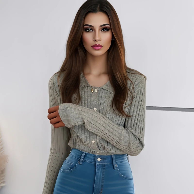 

Elegant Turndown Collar Long Sleeved Knitted Cardigan Autumn/winter Retro Sweater Cardigan Casual Solid Slim Fit Top for Women