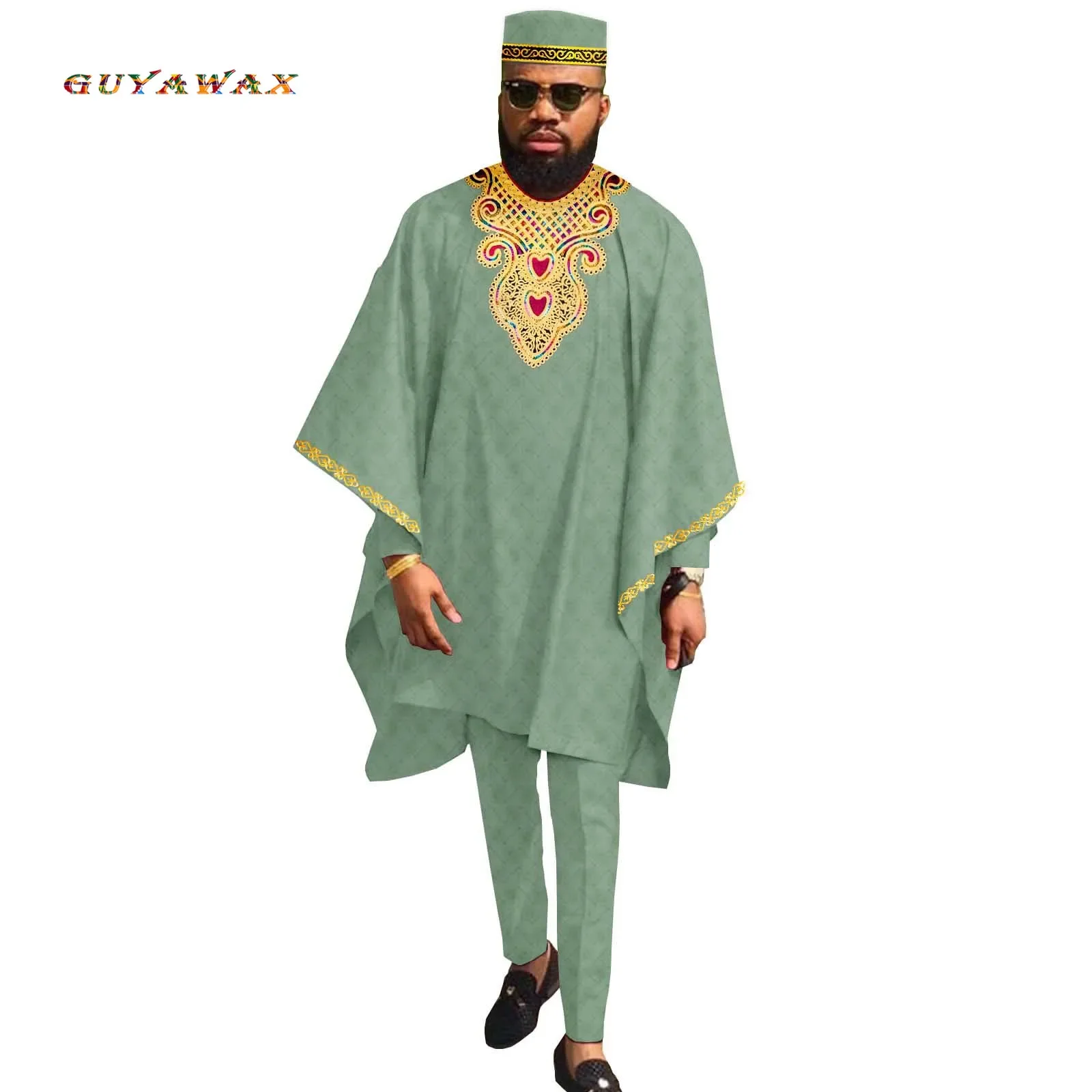 

Hot New African Traditional Clothing for Men Agbada Robe Embroidery Outwear Shirts Pants Hats 4 Piece Set Dashiki Kaftan Tribal