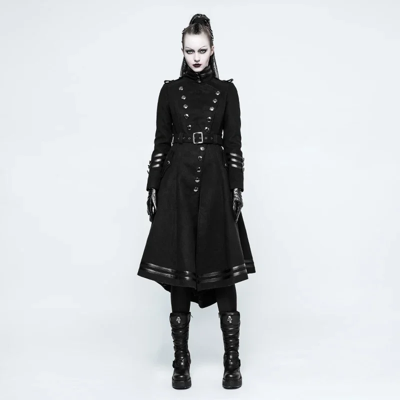 PUNK RAVE Women\'s Punk Military Metal Button Winter Wool Uniform Black Coat with Belt Fashion Palace Women Long Jackt Coats