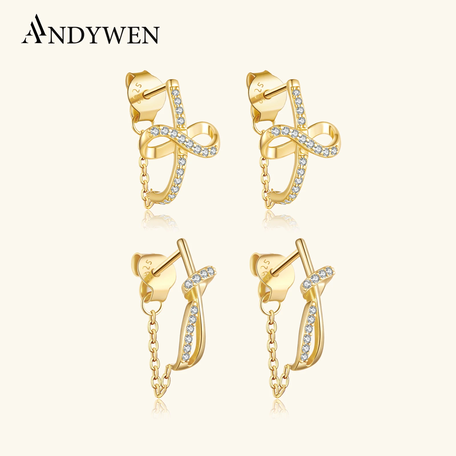 

ANDYWEN 925 Sterling Silver Irregular Cross Infinite Chain-hanging Zircon CZ Stud Earring Chic Fashion Fine Women Jewelry Gift