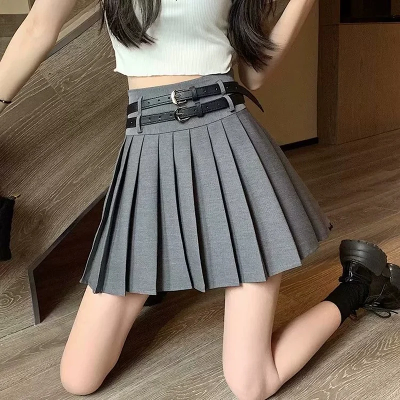 Preppy Style Double Belt Pleated Skirt Women Fashion All Match High Waist Short Skirts Woman Summer Y2K Loose Basic Skirt Female