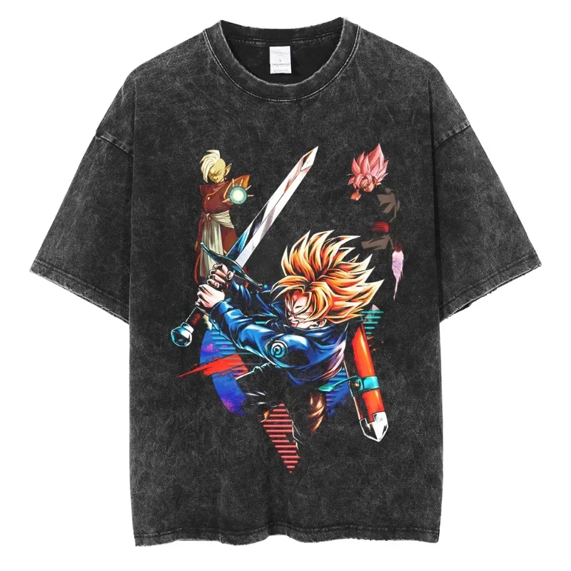 Anime Style Tee 2025 Zwart Katoenen T-shirt Groen Haar Gespierde Vechter Japanse Tekst Vintage Wassen Verontruste Oversized Streetwear