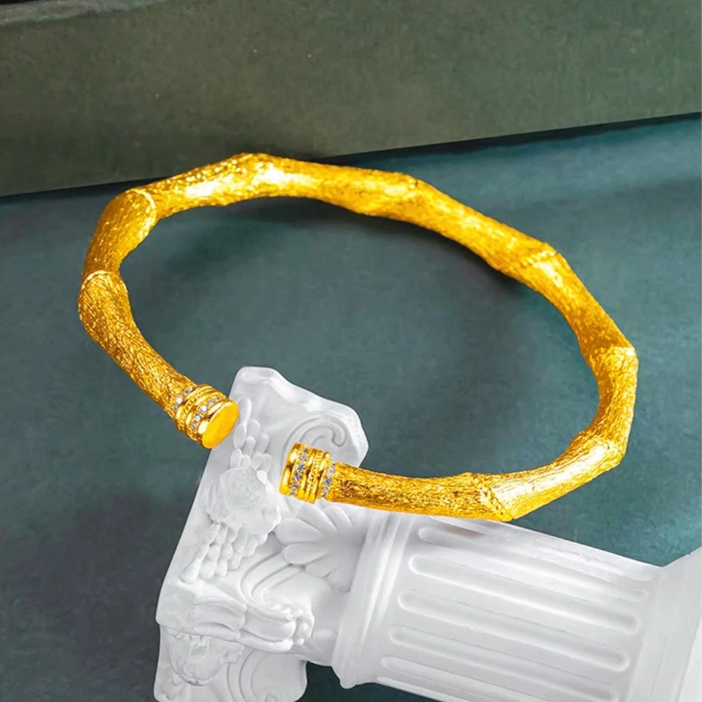 

Women's Diamond Bamboo Open Bangle, 24K Gold, AU999 | Gradient enamel bamboo with hidden "Rhythm" engraving.