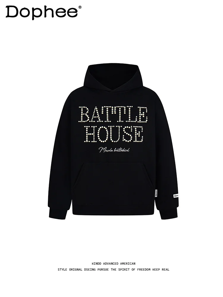 American Retro Heavy Industry Letter Beaded Design Hooded Sweatshirt Spring and Autumn Fashion Trend Loose Casual Top Unisex