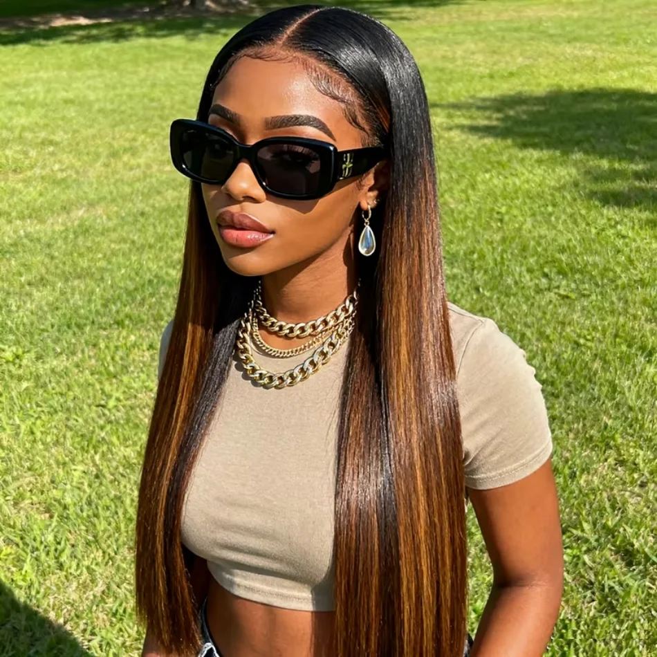 Picture 3: Highlight Ombre Straight Human Hair Wigs 13X6 Hd Lace Frontal Wig P1B30 Lace Front Wig Pre Plucked 250 Density 30 Inch For Women