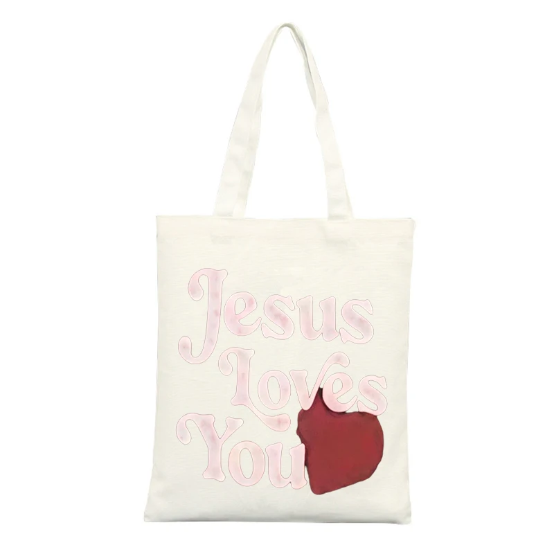 Canvas Tote Bag with Heart and Letter Print, Casual Style for Daily Use and Shopping