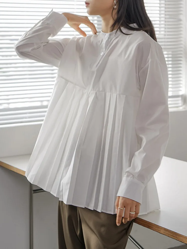 Bonboho-Camiseta de manga larga con cuello levantado para mujer, camisa plisada abotonada a la moda, Tops informales, Color sólido, 2026