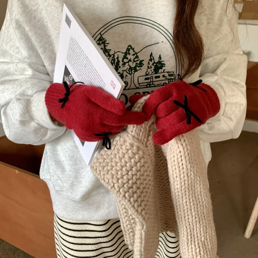 Guantes de punto con lazo para mujer, manoplas de invierno, a prueba de viento, Color sólido, a la moda