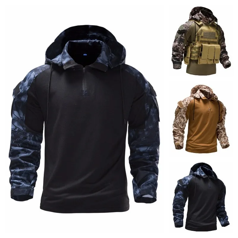 Spring Long sleeved T-shirt for Men's Special Military Equipment Training Camo Clothing Elastic Breathable Men's Hooded T-shirt