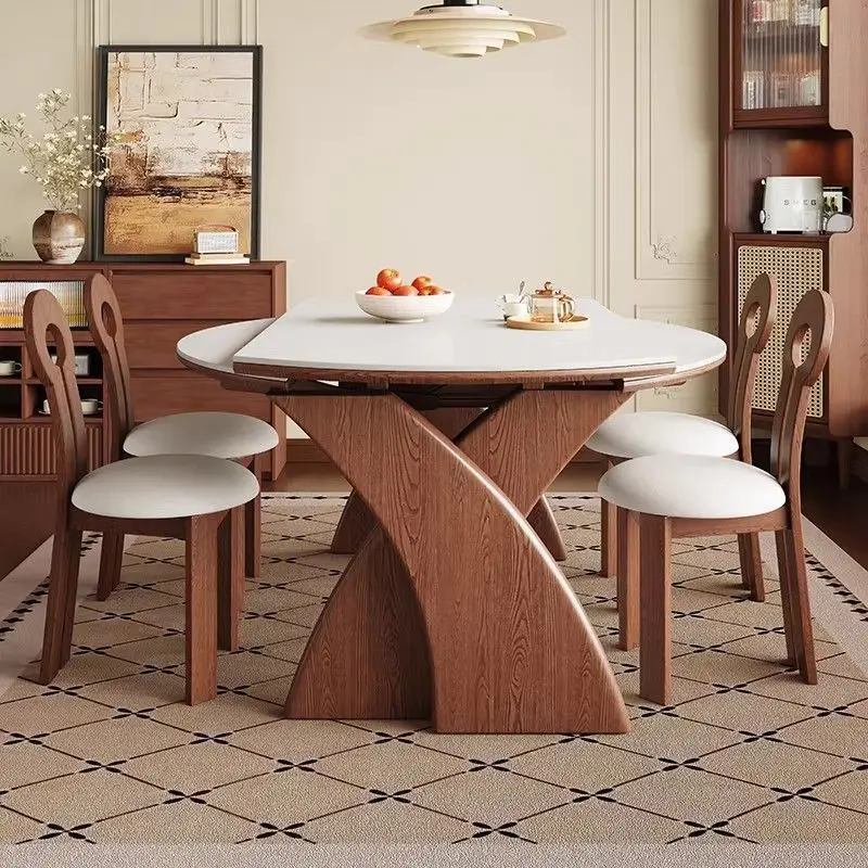 Solid wood slate dining table and chair combination square and circle dual-purpose medieval style French retro home small