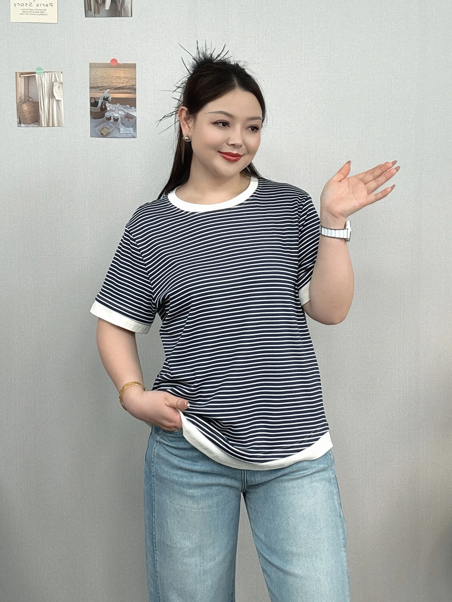 

Summer 2026 plus Size Women's Striped Short Sleeve T-Shirt Casual Loose Slimming Versatile Lightweight Comfortable Top