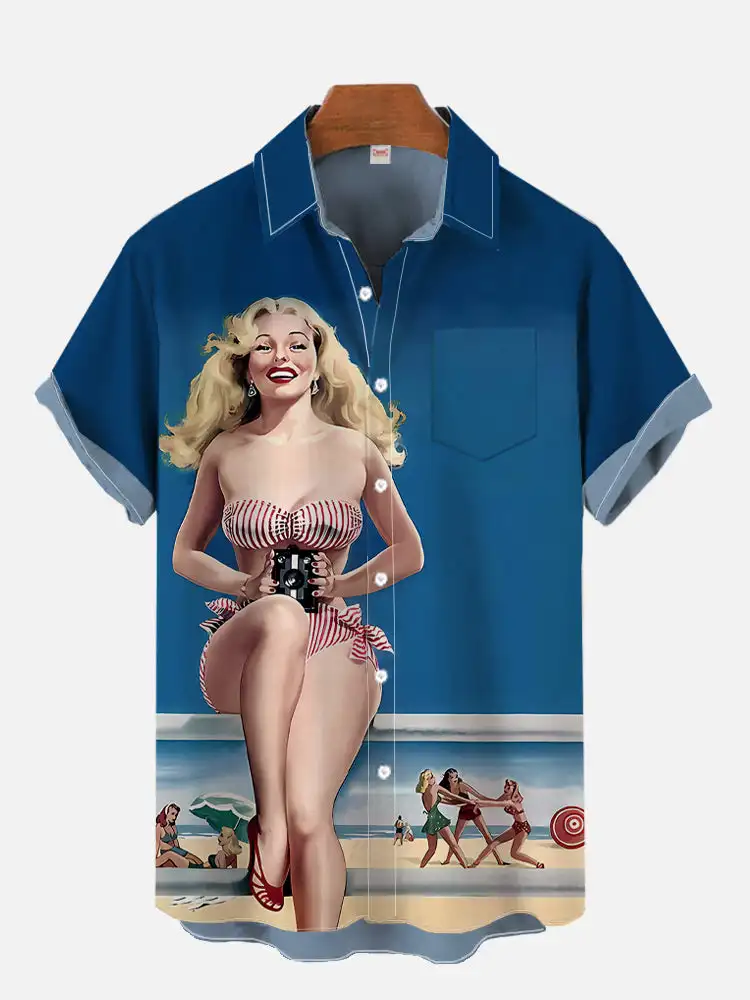 1980s Vintage Pin Up Girl Poster Sexy Girls Blonde Beauty 3D Prints Men\'s Short Sleeved Shirts For Men Fashion Hawaiian Shirts