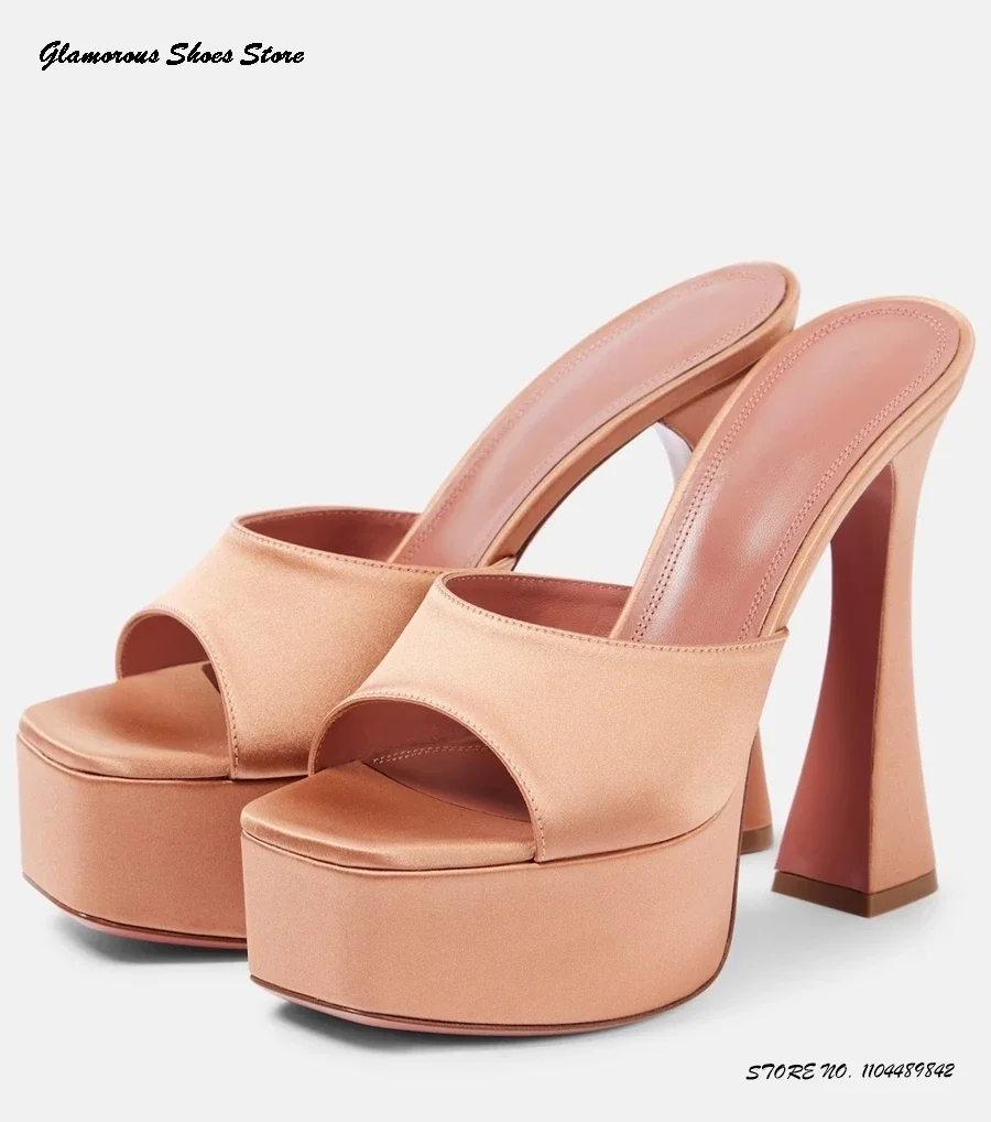 

Crystal-embellished Satin Platform Mules Square Open Toe Slim Chunky Heel Shoes Women's Summer Fashion Party Modern Slippers