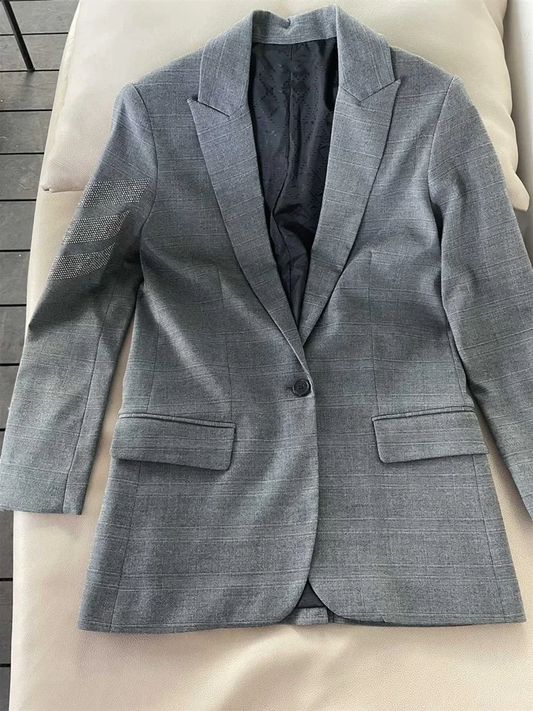 Side Water Ripple Rhinestone Women's Single Button Simple Plaid Straight Blazer Early Autumn