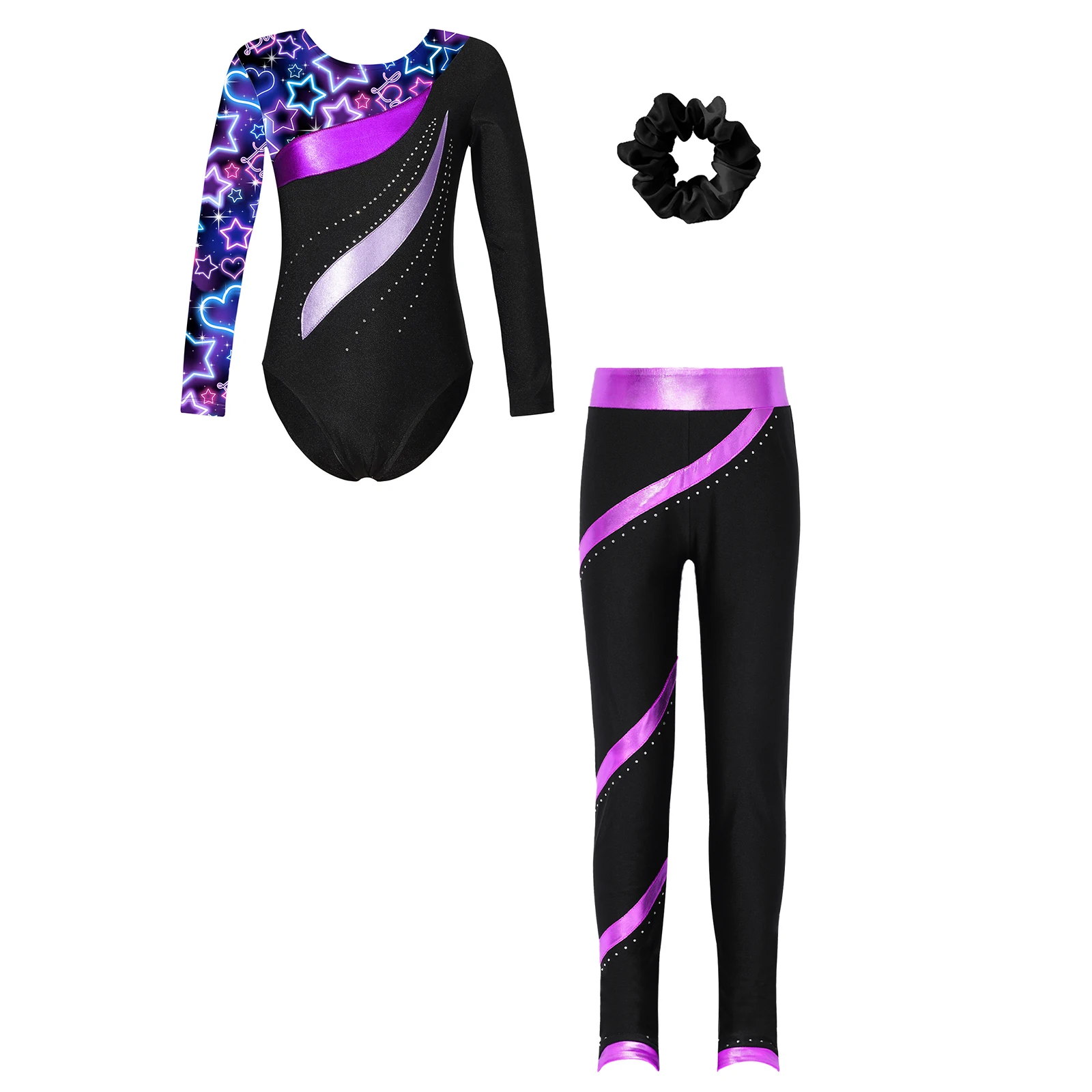 Kids Girls Rhythmic Gymnastics Bodysuit Long Sleeve Round Neck Printed Leotard with Pants for Skating Jumpsuit Ballet Dance Set