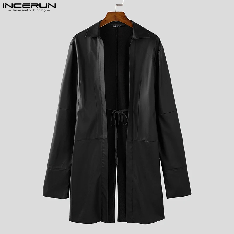 2024 INCERUN Men Causal Flare Long Sleeved Coats Solid Color Handsome Leather Jackets Fashion Lapel Collar Elegant Long Outwears