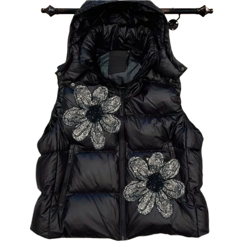 

Black Diamond Down Cotton Vest Versatile Outer Wear Hooded Autumn and Winter Foreign Style Thickened High-end Gown Vest Jackets