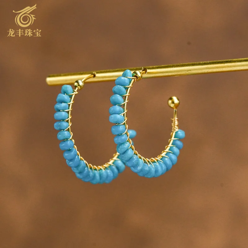 Turquoise Earrings Natural Turquoise S925 Silver Plated 18K Gold Beautiful Pine Seed Material C-shaped Stud Earrings Women