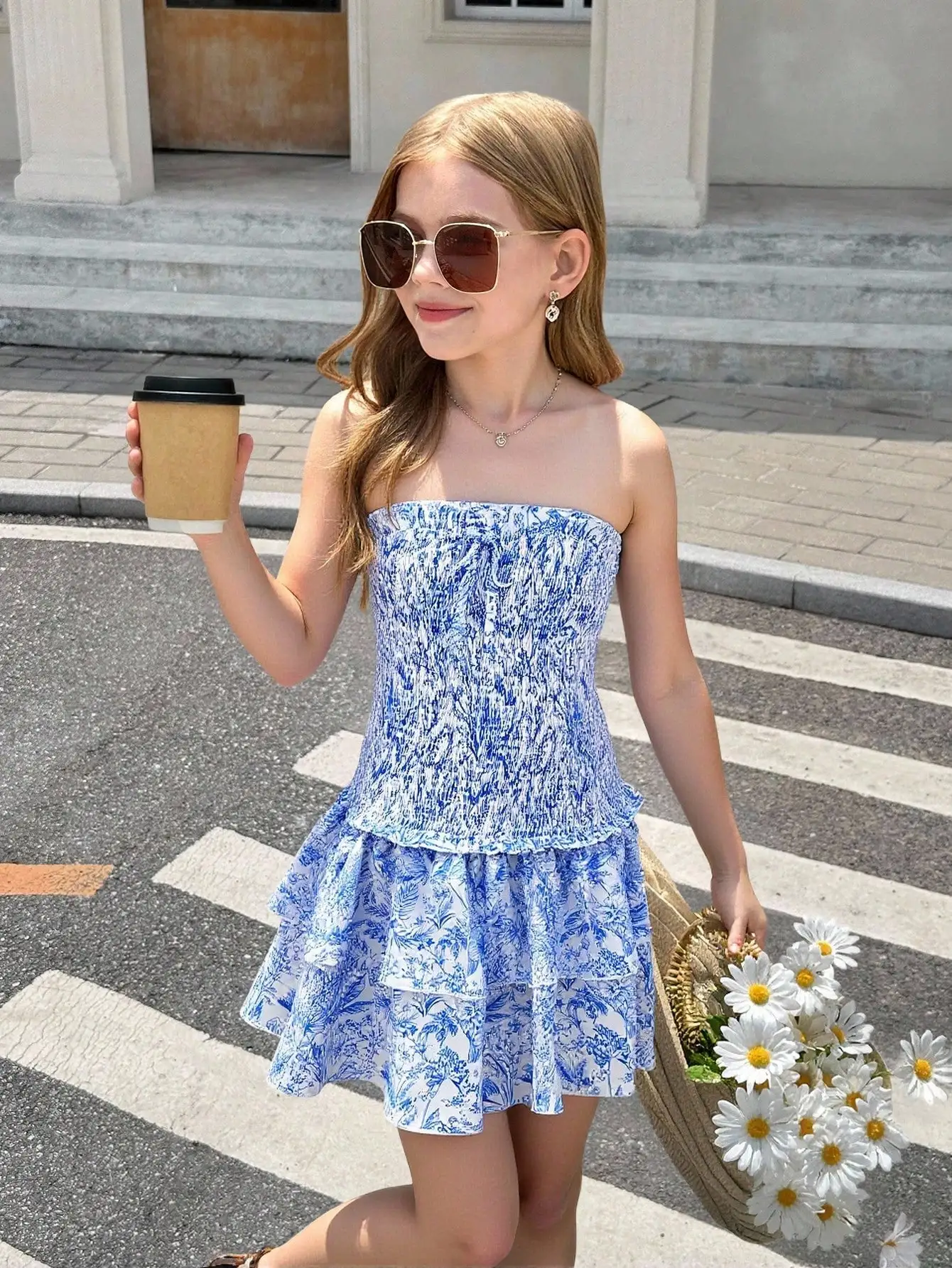 

Girls Blue White Floral Print Strapless Dress with Double Ruffle Hem