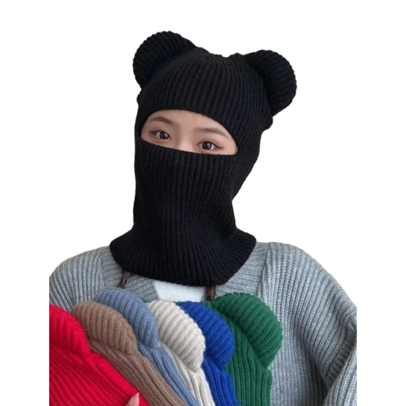 Winter Cute Warm Full Face Mask Balaclava Knit Bear Ears Beanie Hat Women Men Windproof Ski Skullies Cap