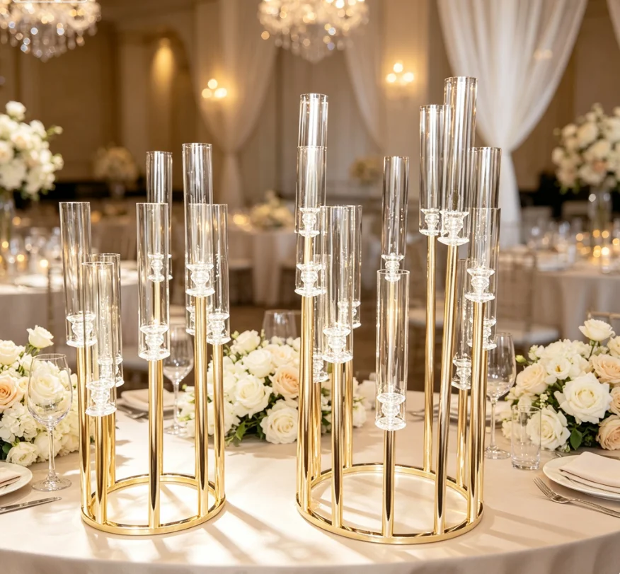 Metal Holders acrylic Candlesticks Flower Vases Wedding Table Centerpiece Pillar Stand Road Lead Party Decoration
