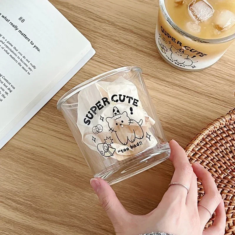 Cute Glass Cup Cold Extract Coffee Dessert Korean INS Style Simple Cartoon Letter Printing Daily Work Life Drinking Cup