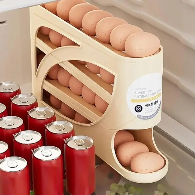 Sanmk Industrial 4-Tier Automatic Rolling Eggs Holder for Fridge (Beige)