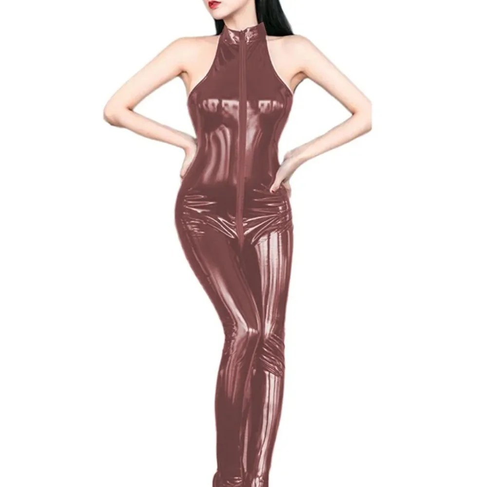 Plus ขนาดแขนกุดซิปเป้า Jumpsuits สําหรับผู้หญิงไวนิล PVC หนัง One Piece Catsuit เซ็กซี่คลับชุดหญิง Rompers 8XL