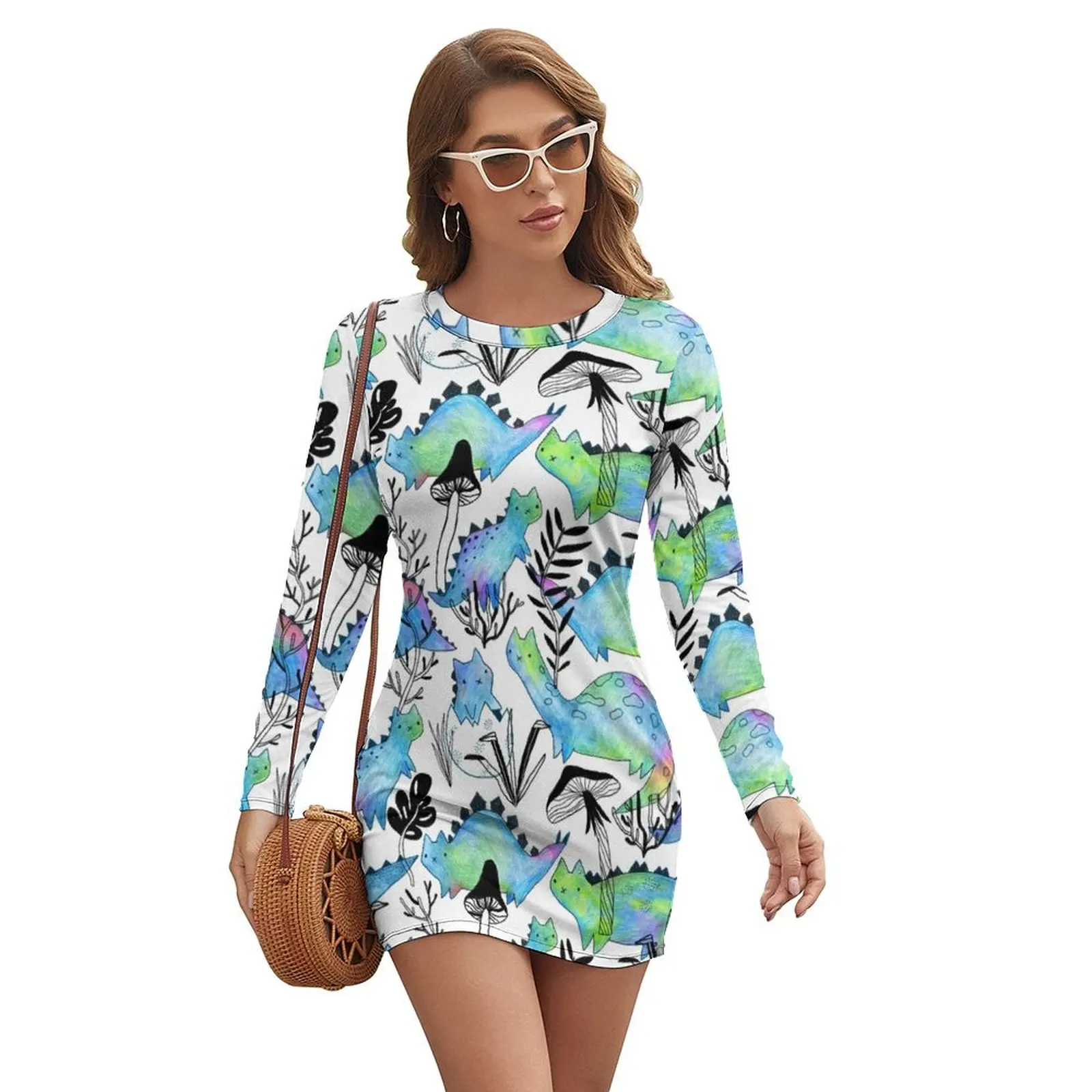 

Pencil catosaurs and plants. Funny dino cats and mushrooms. Long-sleeved Dress Dress woman loose women's dress