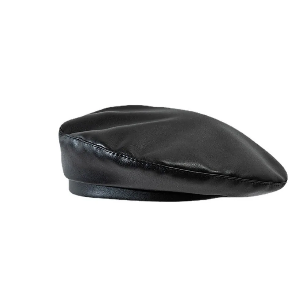 

Casual Retro Beret Hat Solid Color PU Leather Flat Top Caps Windproof Painter Caps Lady Accessories