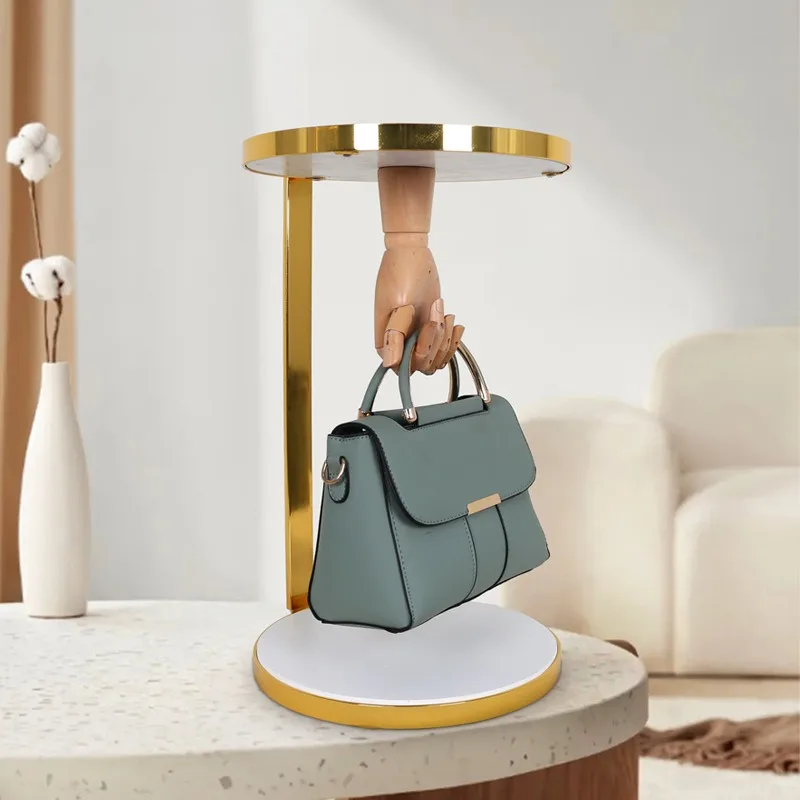 Wooden hand metal bag rack, vertical shopping mall bag display display rack, double hook bag rack