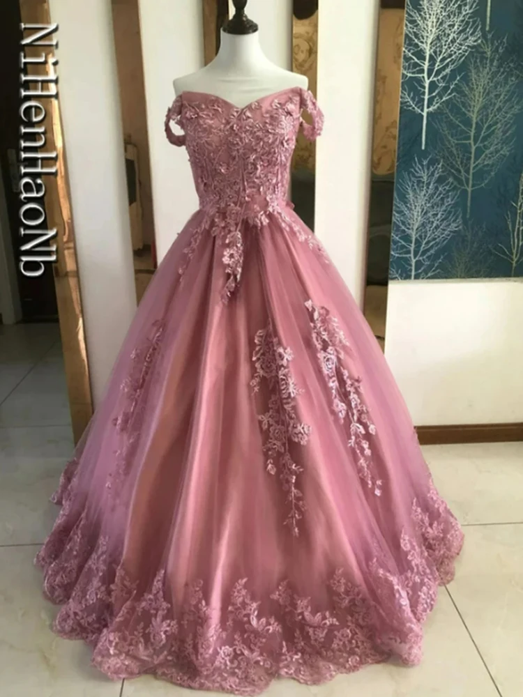 Vestidos de graduación rosas, vestido de fiesta de flores dulces, vestido de baile de encaje de lujo, Vestidos bohemios