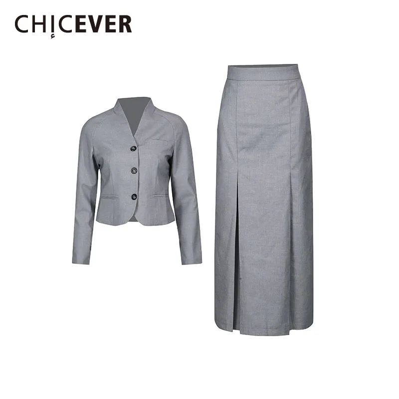 

CHICEVER Серый комплект из двух предметов со сращенными пуговицами Женская куртка с v-образным вырезом и длинными рукавами Офисные элегантные женские комплекты юбок Осенний стиль Новый