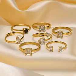 Chic Black White CZ Stone Wedding Rings for Women, Dainty Gold Color Stainless Steel Engagement Bands Ring Anniversary Jewelry